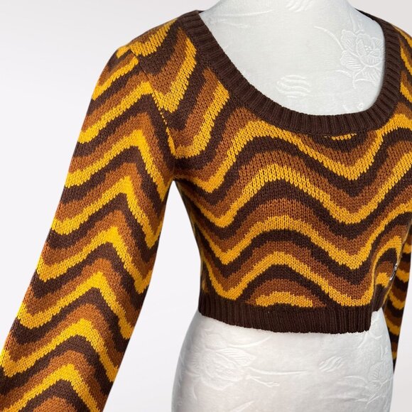 Ragged Jeans Chevron Crop Sweater Women’s Small Brown Yellow Acrylic Knit - Picture 8 of 11